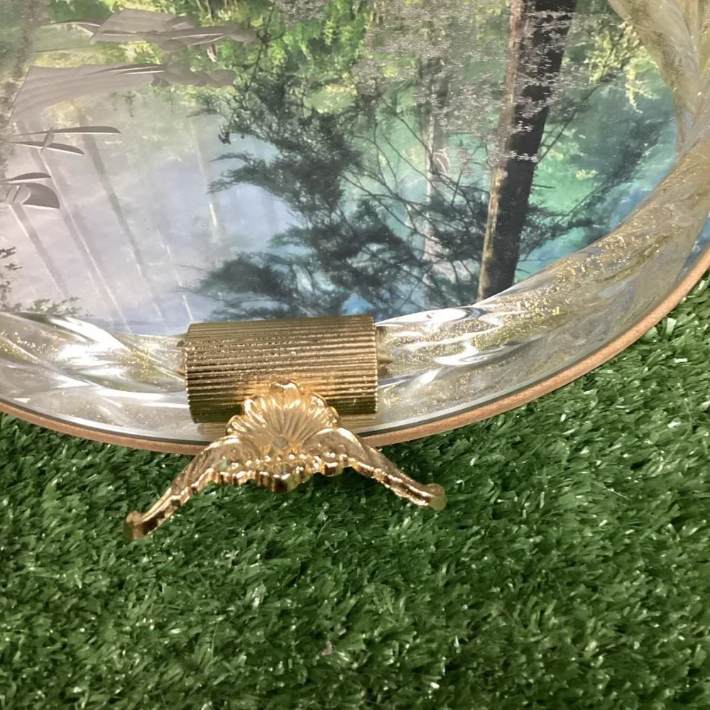 Vintage Murano Glass Serving Tray Etched Mirror 24kt Gold Flecks